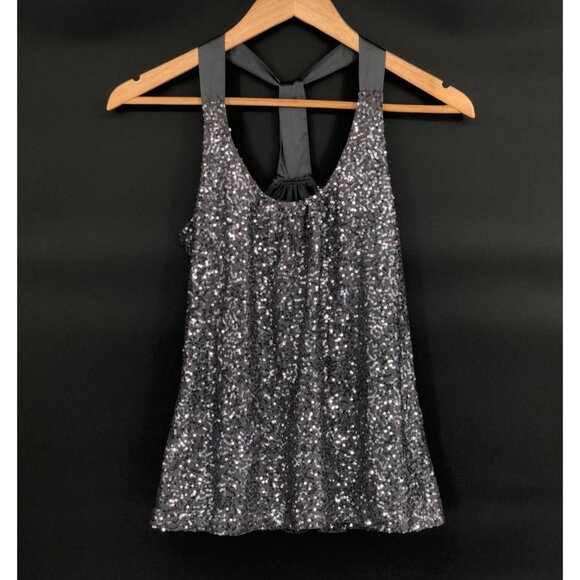 Express Women's Sequin Racerback Tank Top XS Gray Going Out Top Satin Straps Y2k - Picture 1 of 8